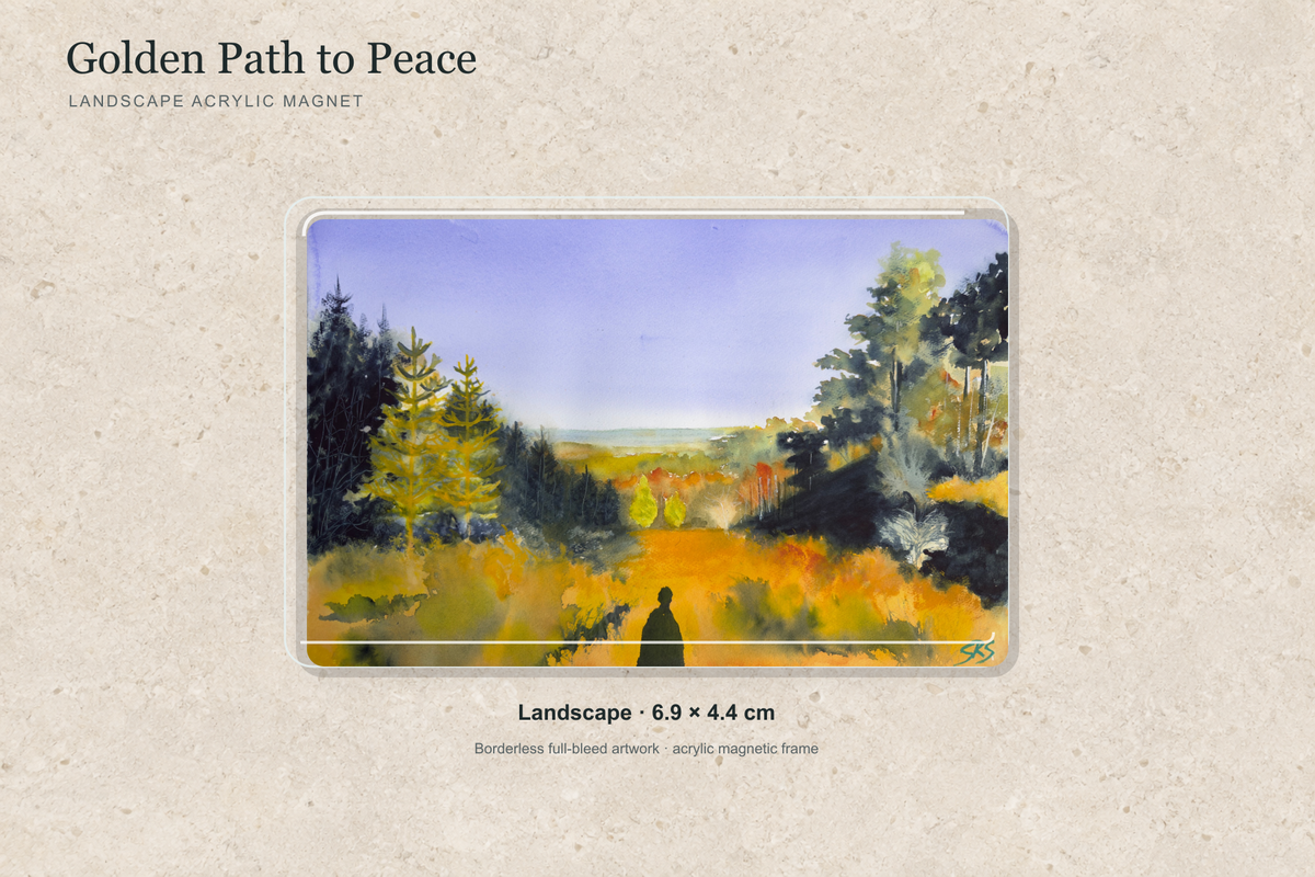 Illustrative mock-up of the landscape acrylic magnet, 6.9 × 4.4 cm, featuring Golden Path to Peace.