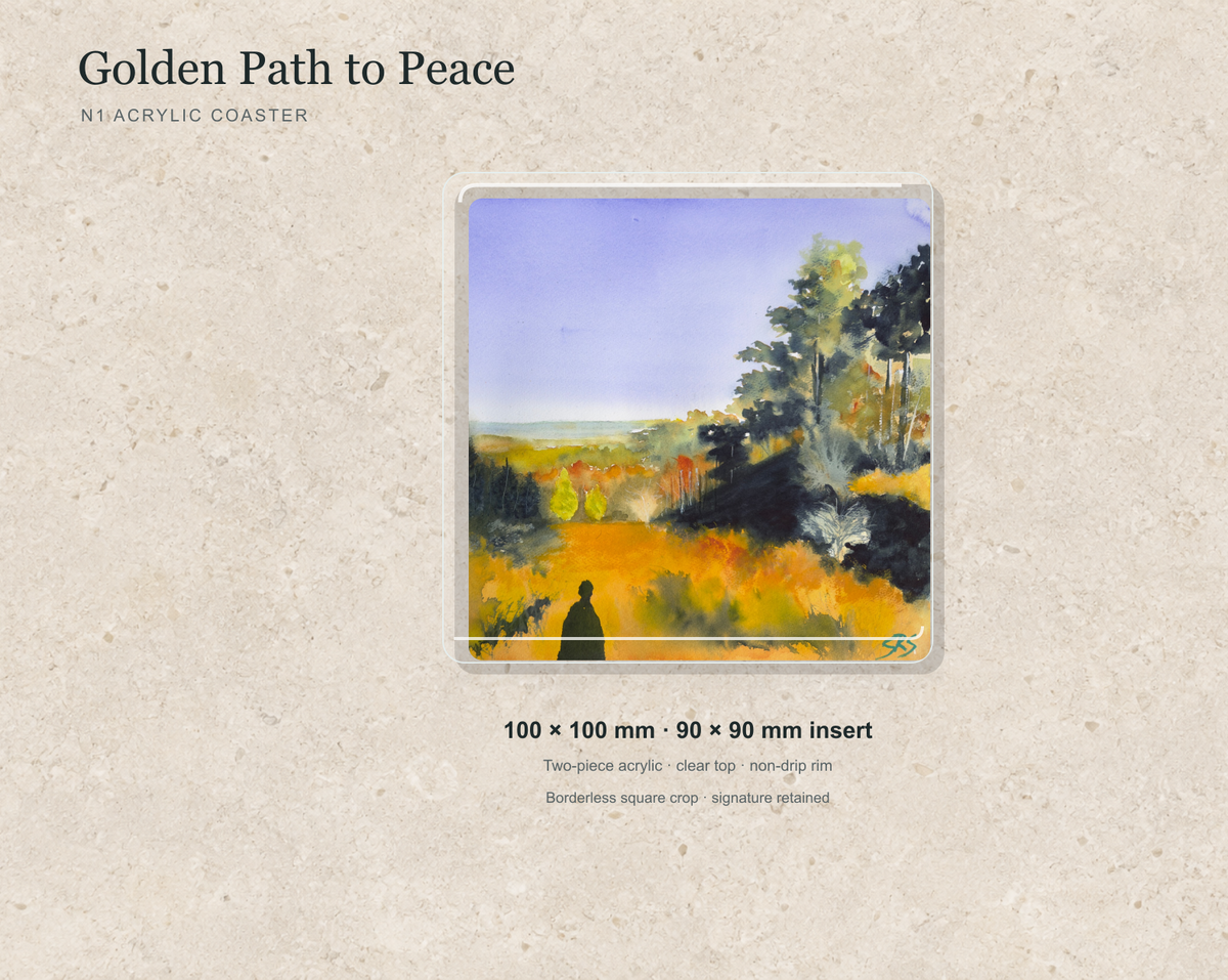 Illustrative mock-up of the N1 acrylic coaster featuring Golden Path to Peace.