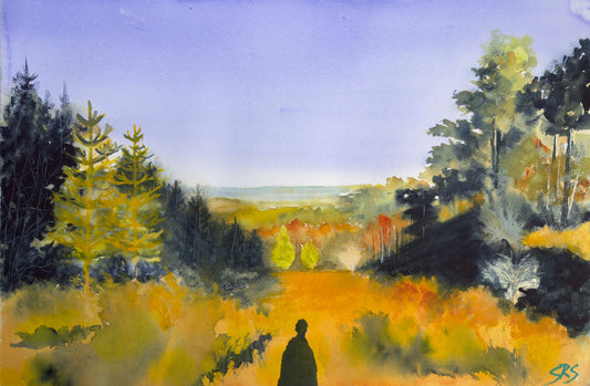 Golden Path to Peace watercolour showing a glowing path through trees at Leith Hill.