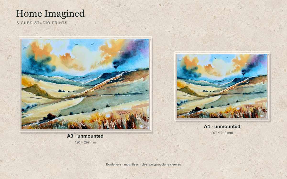 Illustrative mock-up of A4 and A3 borderless signed prints, unmounted in clear polypropylene bags, featuring Home Imagined.