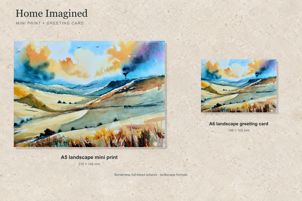Illustrative landscape mock-up of the A5 mini print and A6 greeting card featuring Home Imagined; both are borderless.