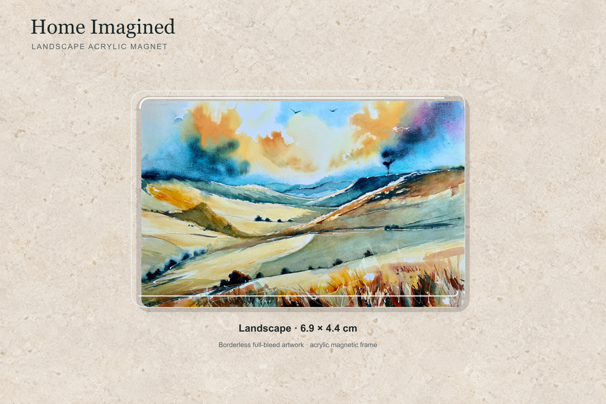 Illustrative mock-up of the landscape acrylic magnet, 6.9 × 4.4 cm, featuring Home Imagined.