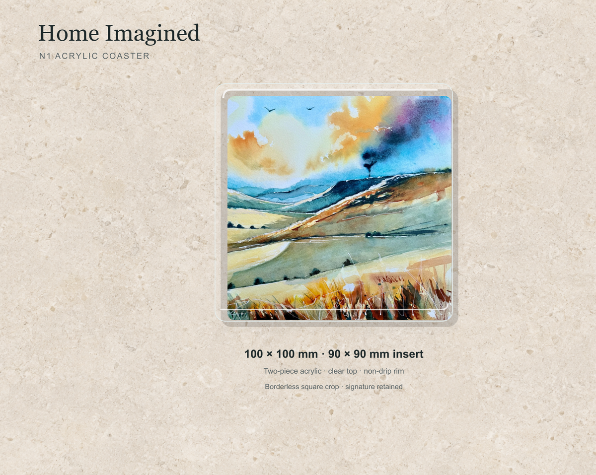 Illustrative mock-up of the N1 acrylic coaster featuring Home Imagined.