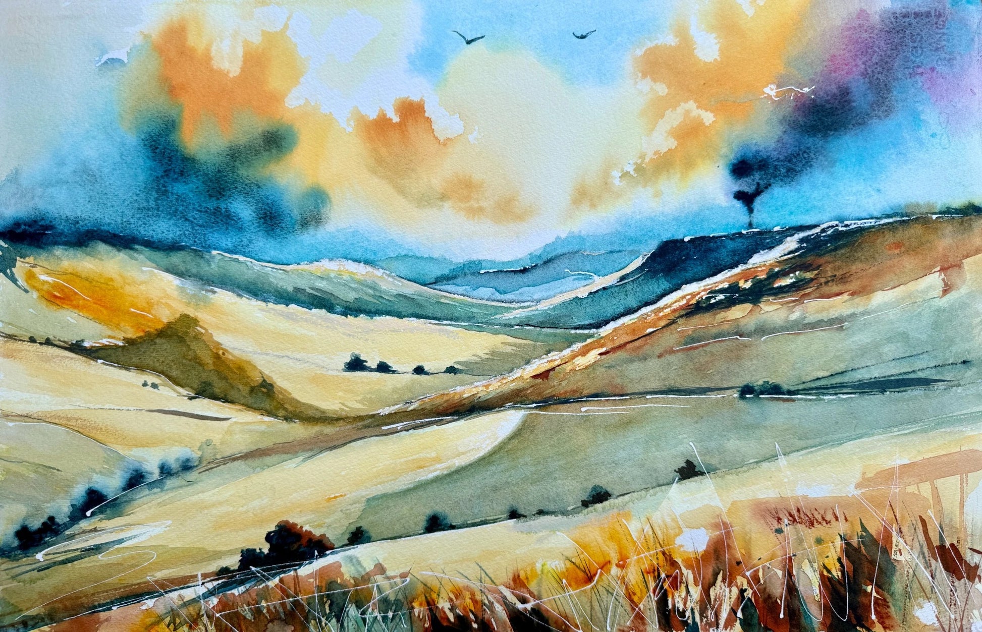Home Imagined watercolour showing rolling hills and open sky.