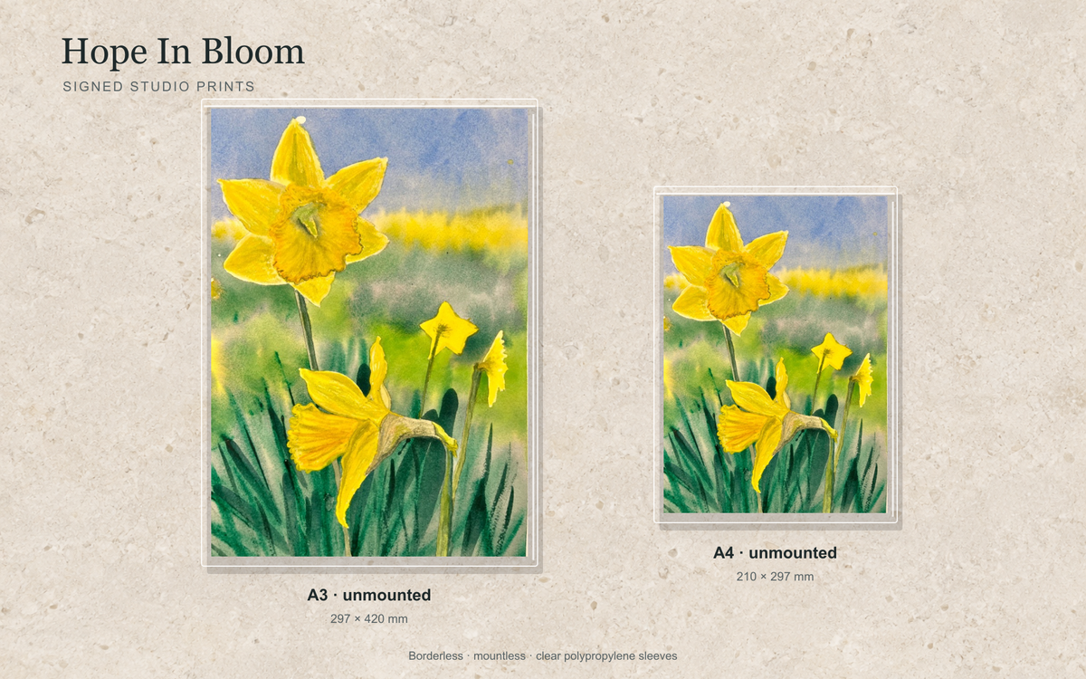 Illustrative mock-up of A4 and A3 borderless signed prints, unmounted in clear polypropylene bags, featuring Hope In Bloom.
