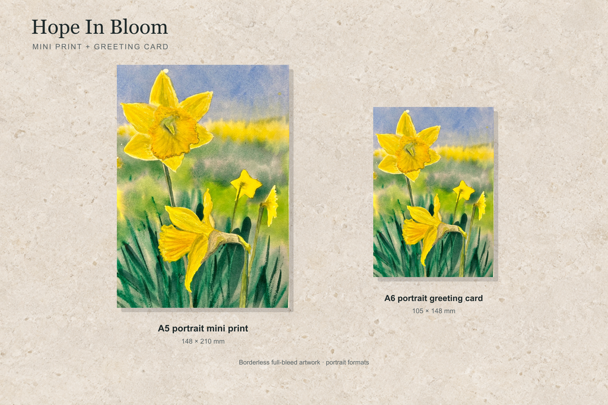 Illustrative portrait mock-up of the A5 mini print and A6 greeting card featuring Hope In Bloom; both are borderless.