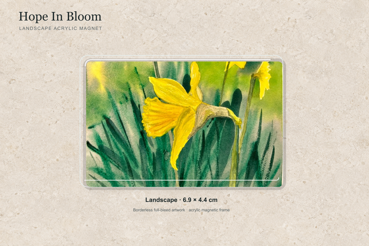 Illustrative mock-up of the landscape acrylic magnet, 6.9 × 4.4 cm, featuring Hope In Bloom.