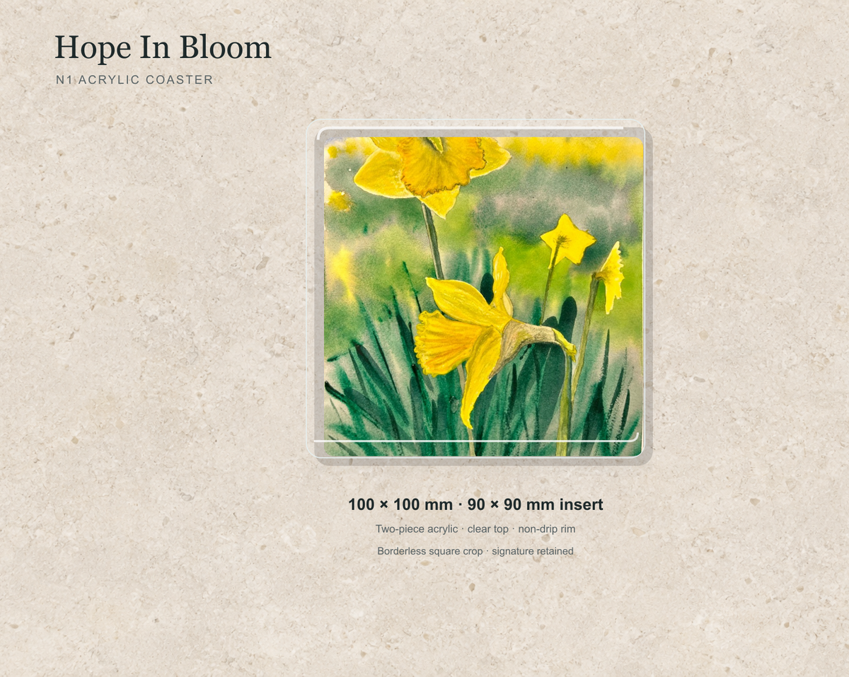 Illustrative mock-up of the N1 acrylic coaster featuring Hope In Bloom.