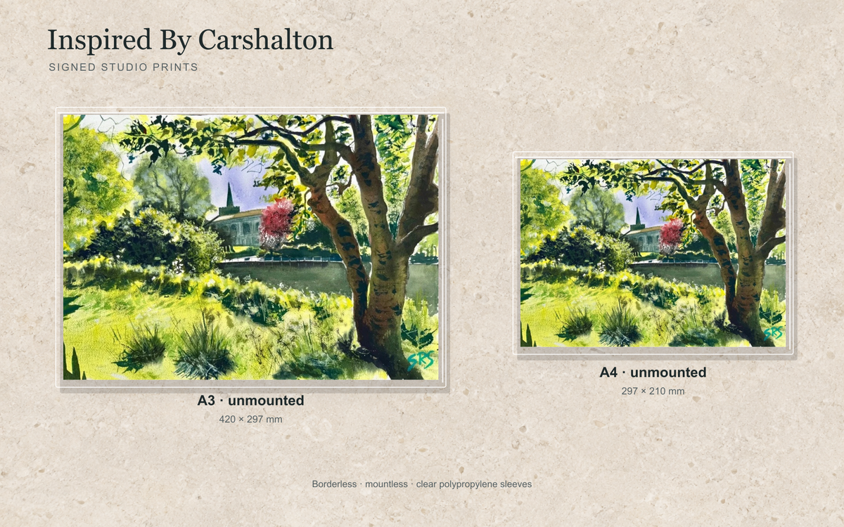 Illustrative mock-up of A4 and A3 borderless signed prints, unmounted in clear polypropylene bags, featuring Inspired By Carshalton.