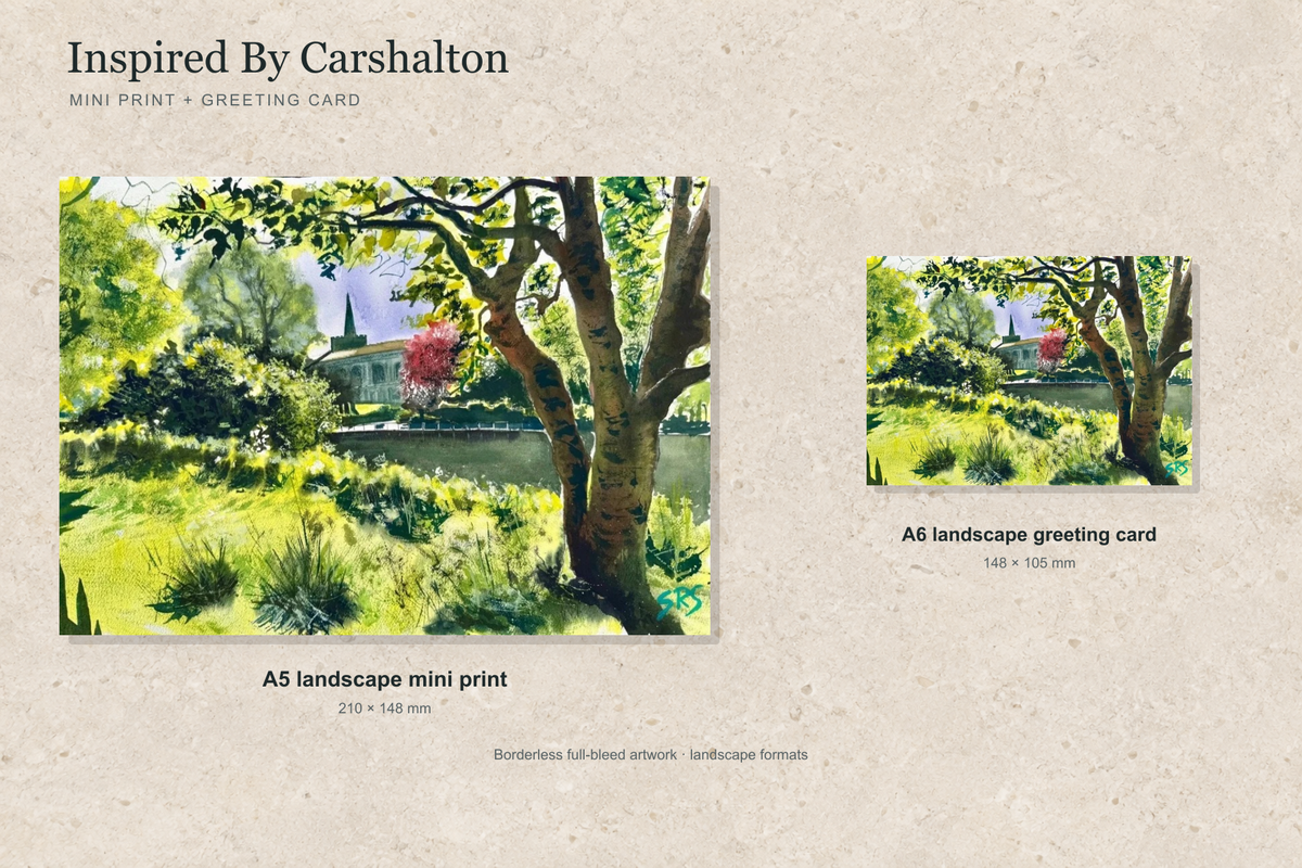 Illustrative landscape mock-up of the A5 mini print and A6 greeting card featuring Inspired By Carshalton; both are borderless.