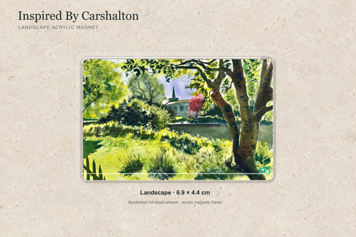Illustrative mock-up of the landscape acrylic magnet, 6.9 × 4.4 cm, featuring Inspired By Carshalton.