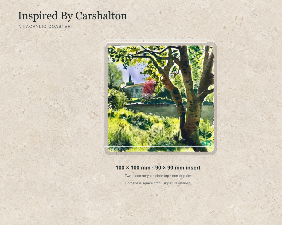 Illustrative mock-up of the N1 acrylic coaster featuring Inspired By Carshalton.