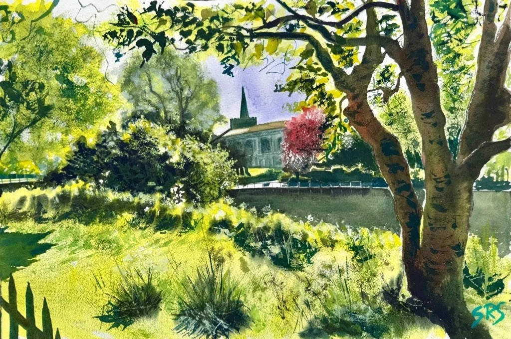 Inspired By Carshalton watercolour showing trees, water, church and sunlight.