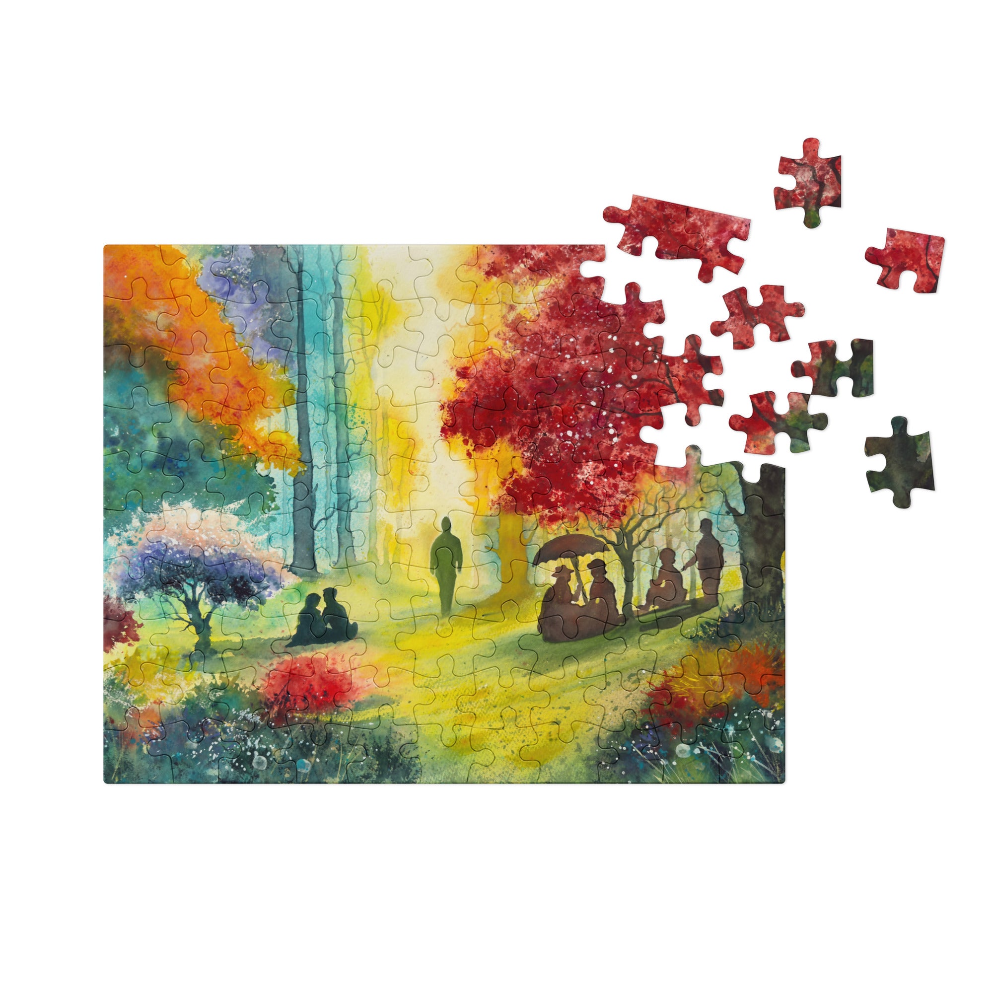 They Were There All Along watercolour painting — colourful forest scene with figures in golden light by UK artist Simon Robin Stephens.