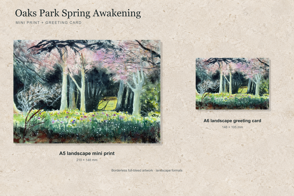 Illustrative landscape mock-up of the A5 mini print and A6 greeting card featuring Oaks Park Spring Awakening; both are borderless.