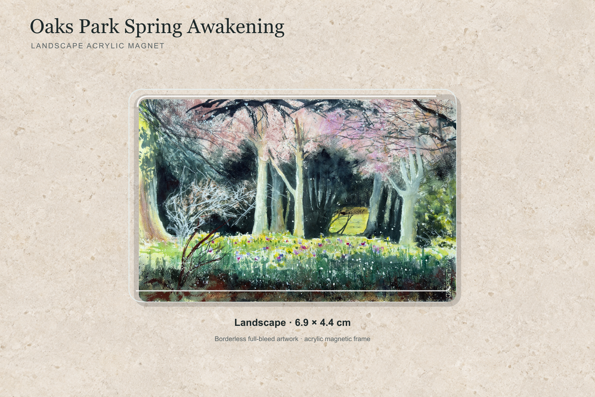 Illustrative mock-up of the landscape acrylic magnet, 6.9 × 4.4 cm, featuring Oaks Park Spring Awakening.
