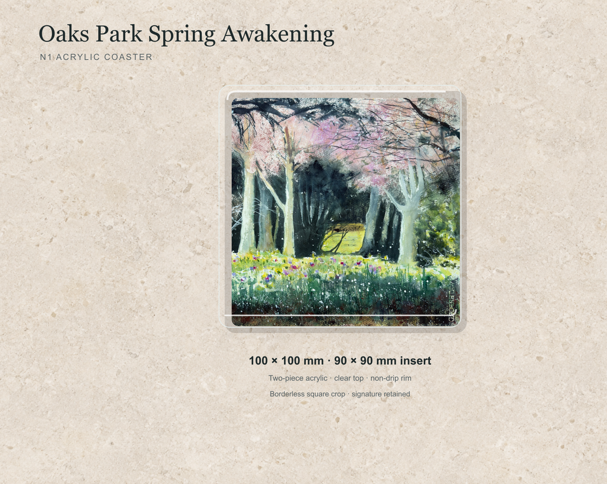 Illustrative mock-up of the N1 acrylic coaster featuring Oaks Park Spring Awakening.