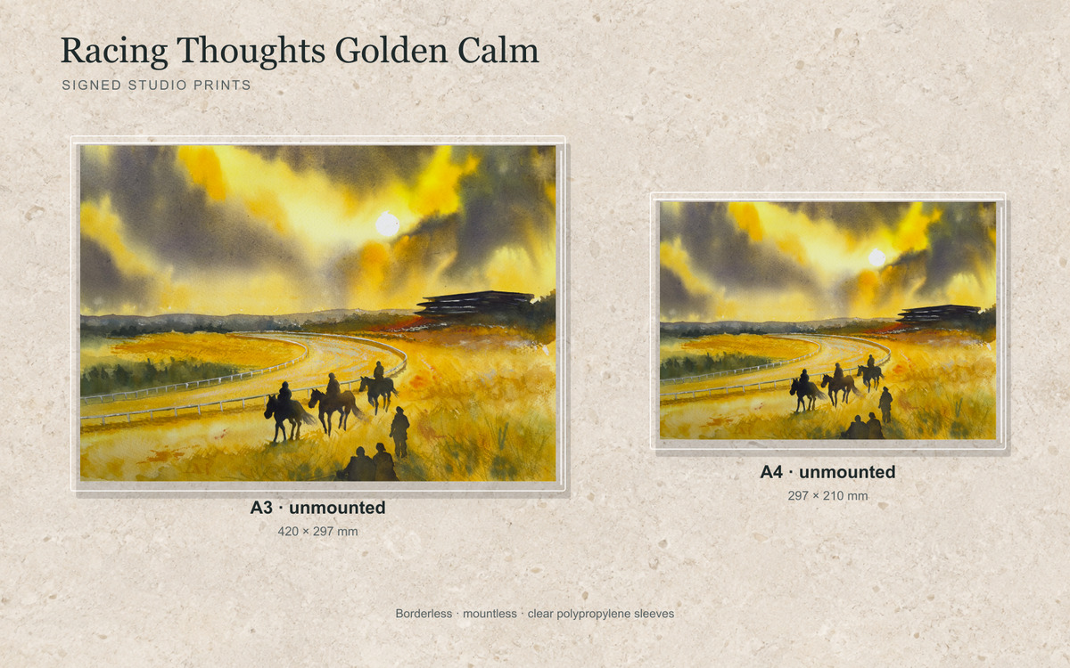 Illustrative mock-up of A4 and A3 borderless signed prints, unmounted in clear polypropylene bags, featuring Racing Thoughts Golden Calm.
