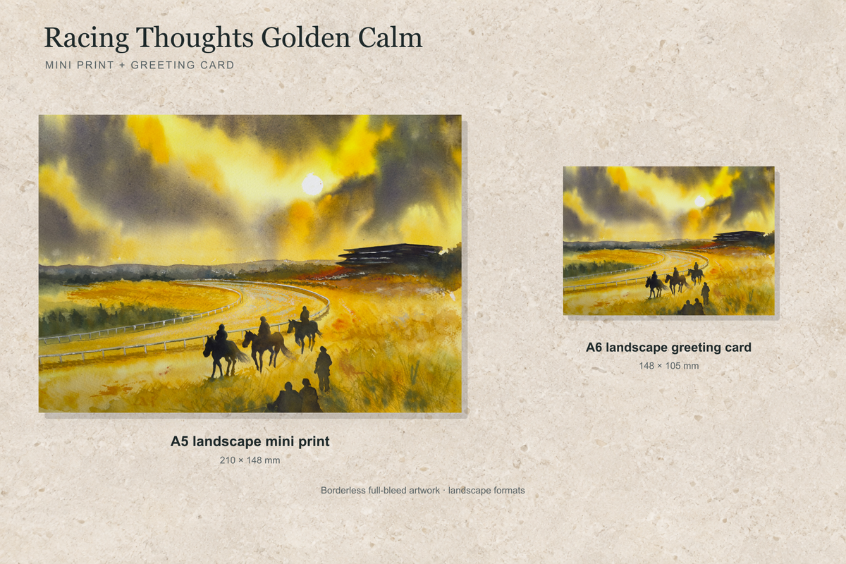 Illustrative landscape mock-up of the A5 mini print and A6 greeting card featuring Racing Thoughts Golden Calm; both are borderless.