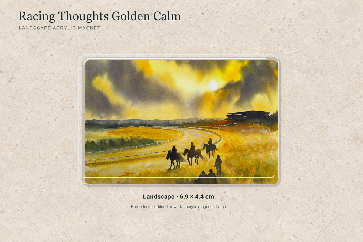Illustrative mock-up of the landscape acrylic magnet, 6.9 × 4.4 cm, featuring Racing Thoughts Golden Calm.