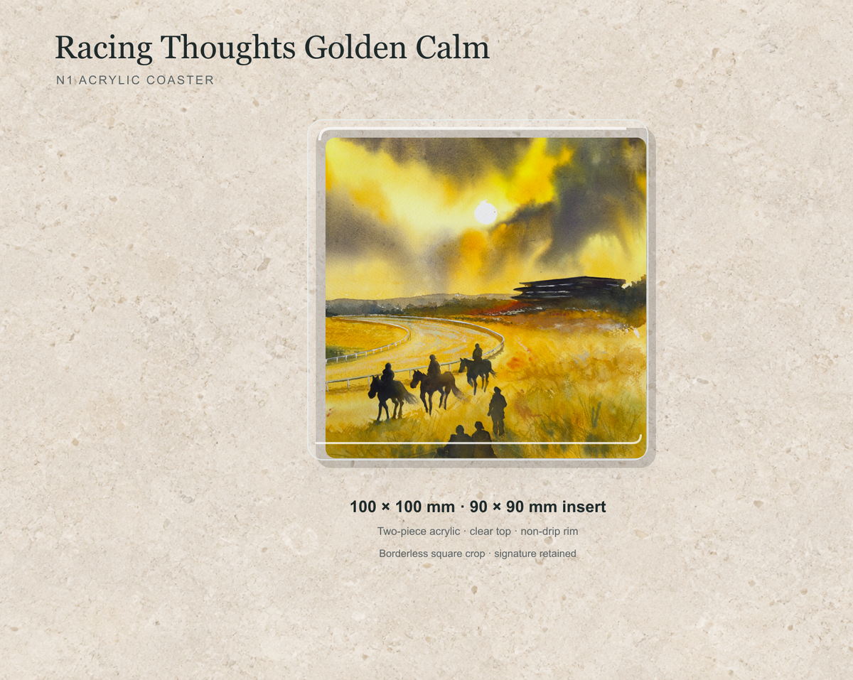Illustrative mock-up of the N1 acrylic coaster featuring Racing Thoughts Golden Calm.