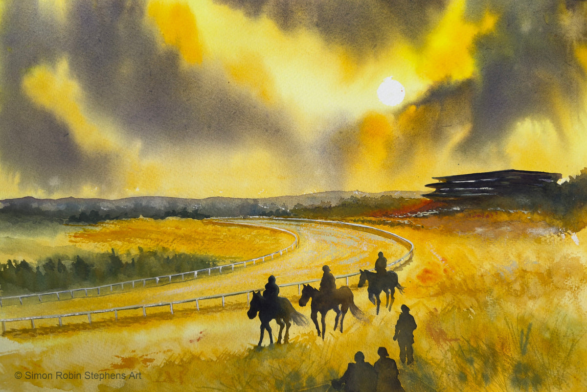 Racing Thoughts Golden Calm, a watercolour of riders at Epsom Downs Racecourse beneath a dramatic yellow and grey sky.