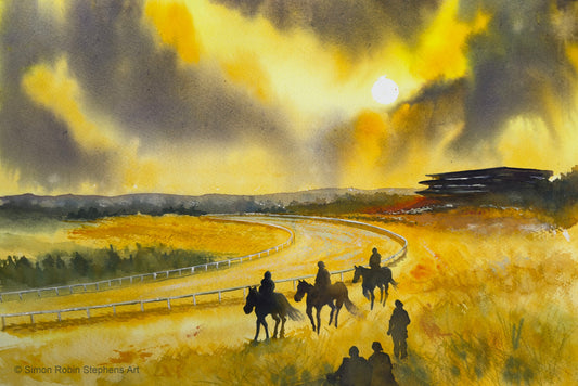 Racing Thoughts Golden Calm, a watercolour of riders at Epsom Downs Racecourse beneath a dramatic yellow and grey sky.