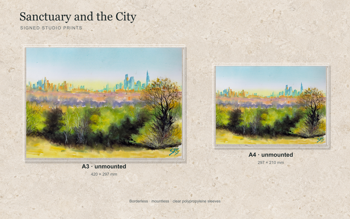 Illustrative mock-up of A4 and A3 borderless signed prints, unmounted in clear polypropylene bags, featuring Sanctuary and the City.