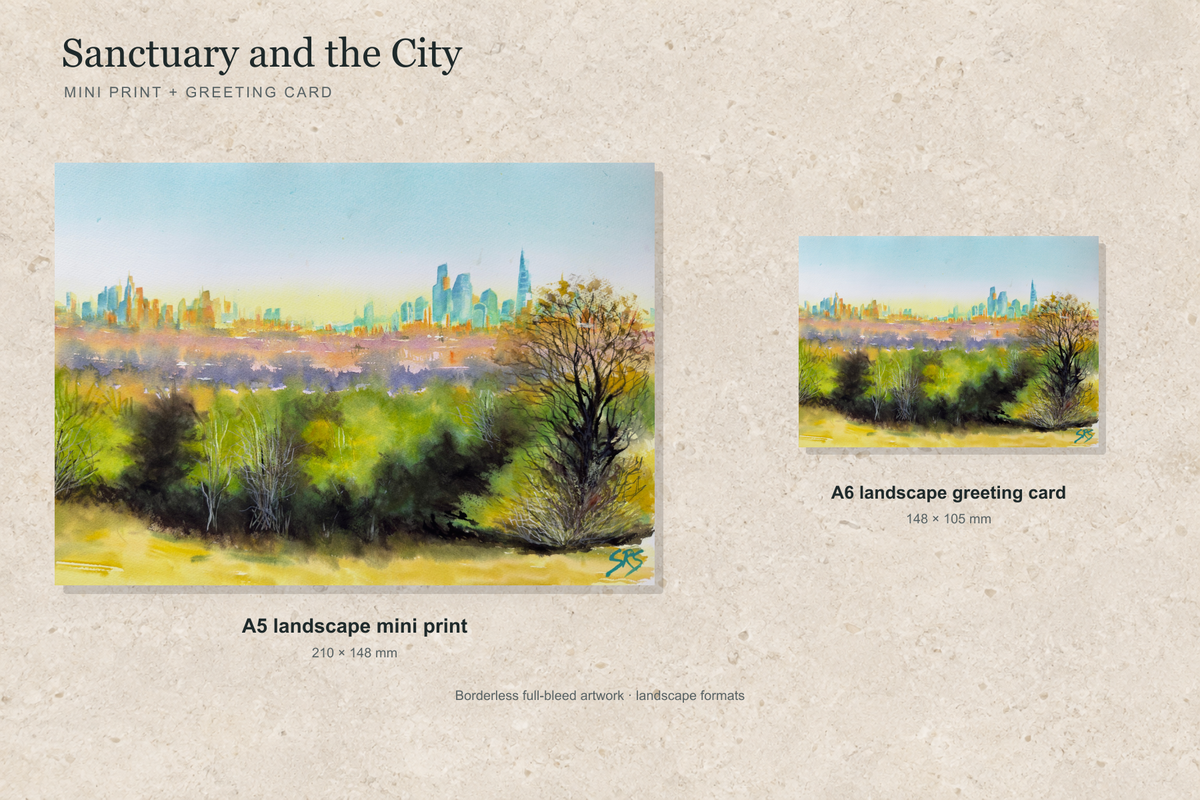Illustrative landscape mock-up of the A5 mini print and A6 greeting card featuring Sanctuary and the City; both are borderless.