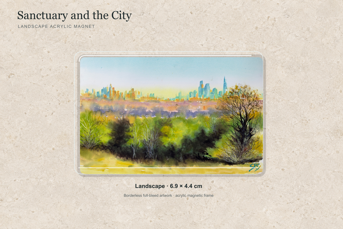 Illustrative mock-up of the landscape acrylic magnet, 6.9 × 4.4 cm, featuring Sanctuary and the City.