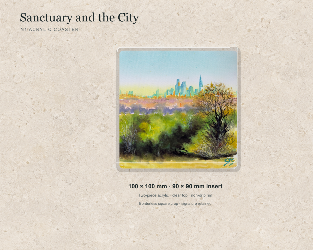 Illustrative mock-up of the N1 acrylic coaster featuring Sanctuary and the City.
