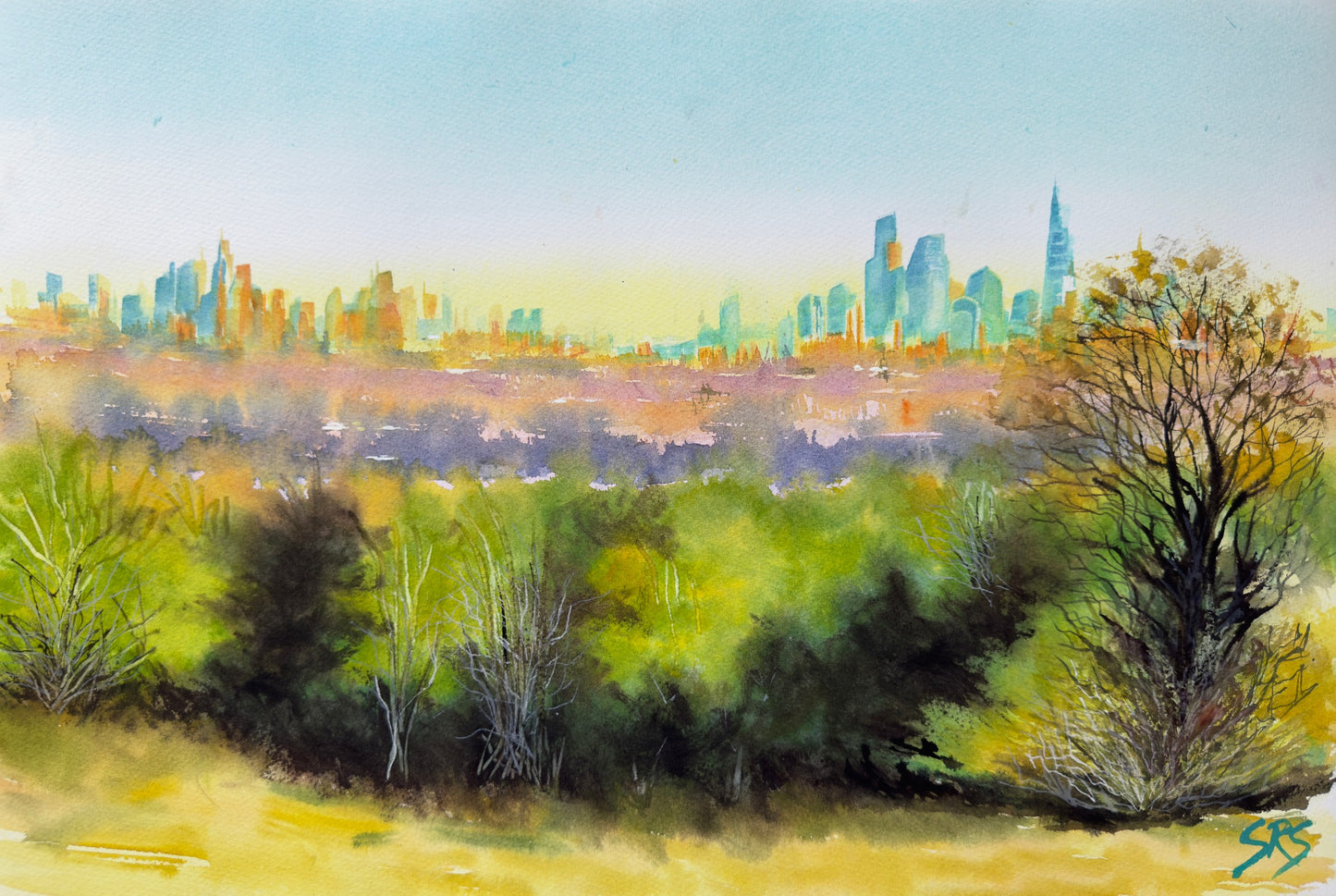 Sanctuary and the City watercolour showing a calm view towards London from Epsom Downs.