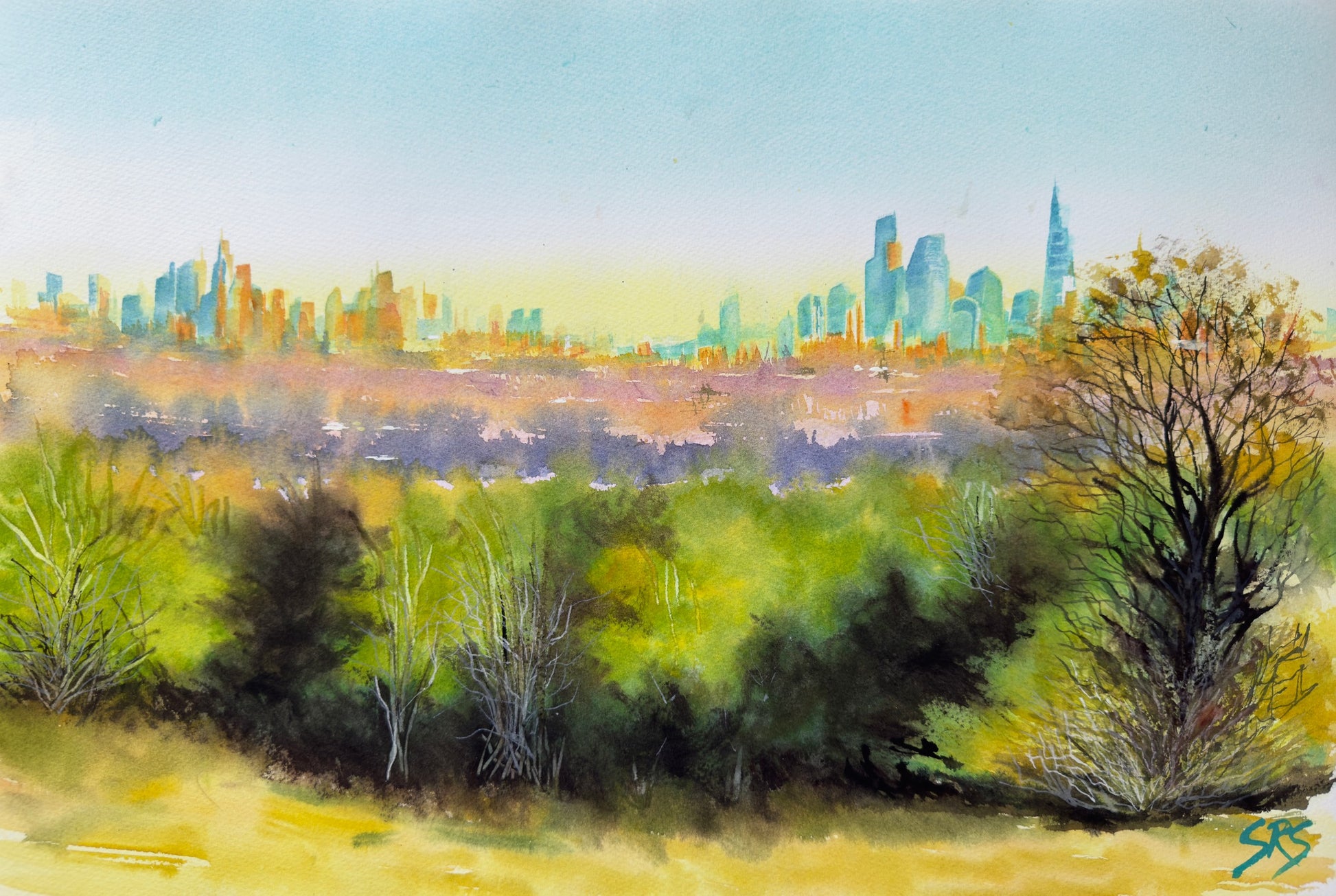 Sanctuary and the City watercolour showing a calm view towards London from Epsom Downs.