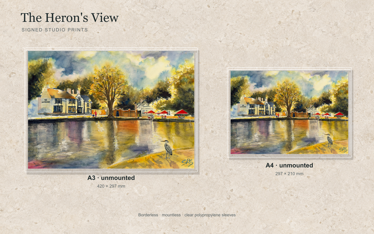 Illustrative mock-up of A4 and A3 borderless signed prints, unmounted in clear polypropylene bags, featuring The Heron's View.
