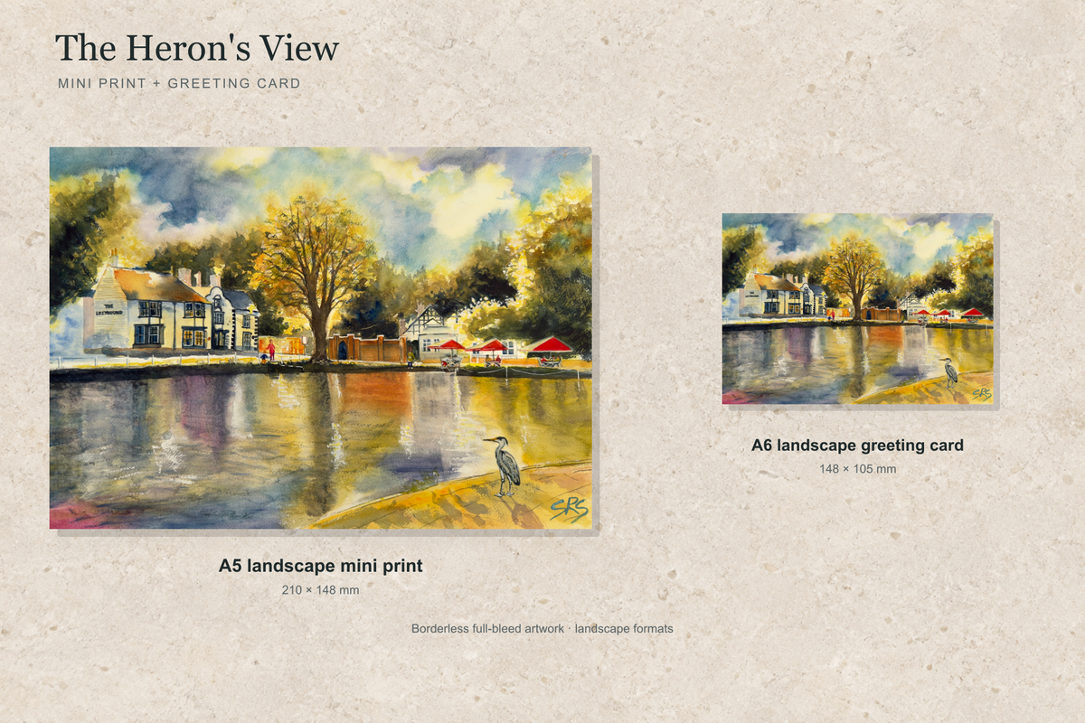 Illustrative landscape mock-up of the A5 mini print and A6 greeting card featuring The Heron's View; both are borderless.