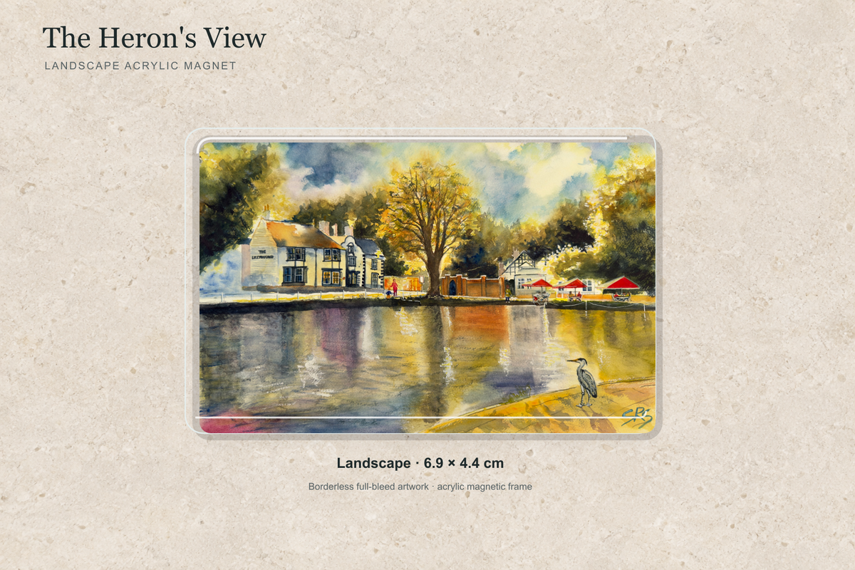 Illustrative mock-up of the landscape acrylic magnet, 6.9 × 4.4 cm, featuring The Heron's View.