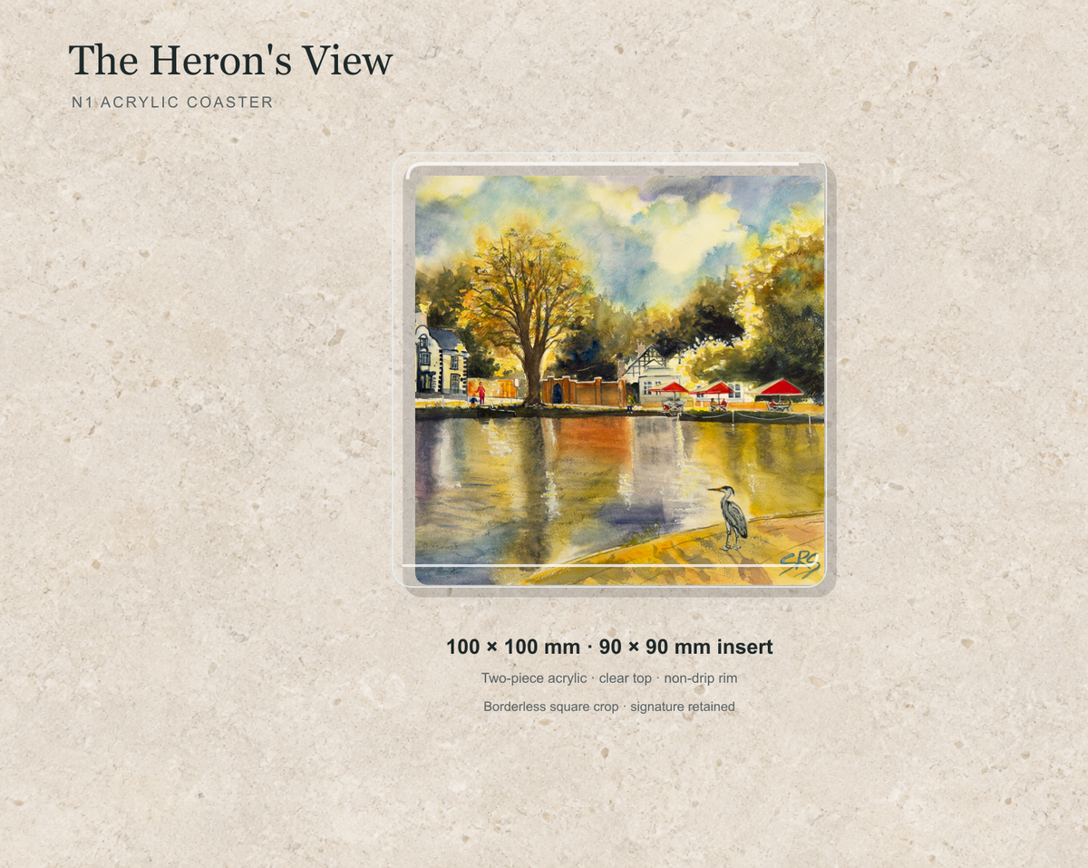 Illustrative mock-up of the N1 acrylic coaster featuring The Heron's View.
