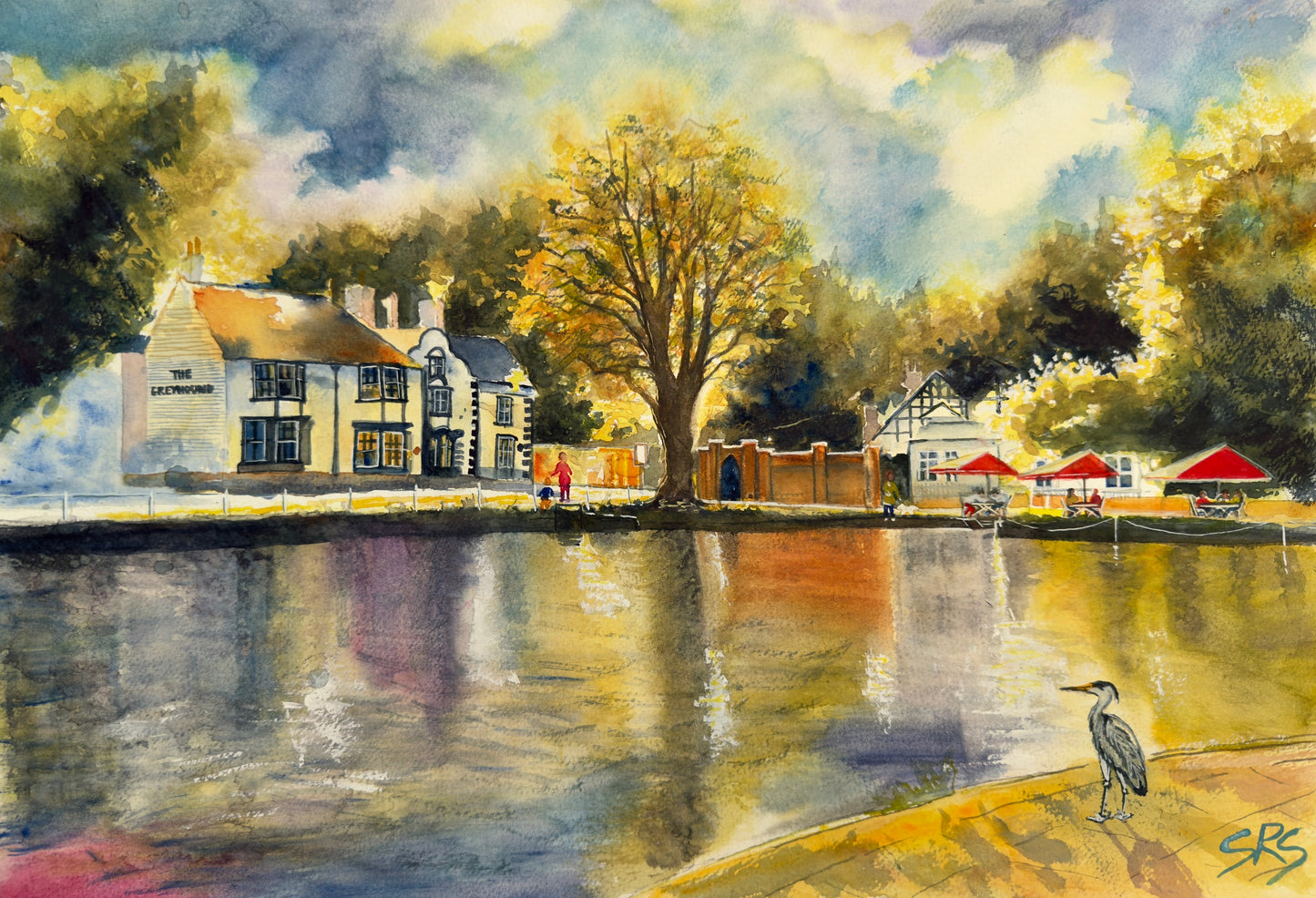 The Heron's View watercolour painting inspired by Carshalton Ponds and Honeywood Museum.