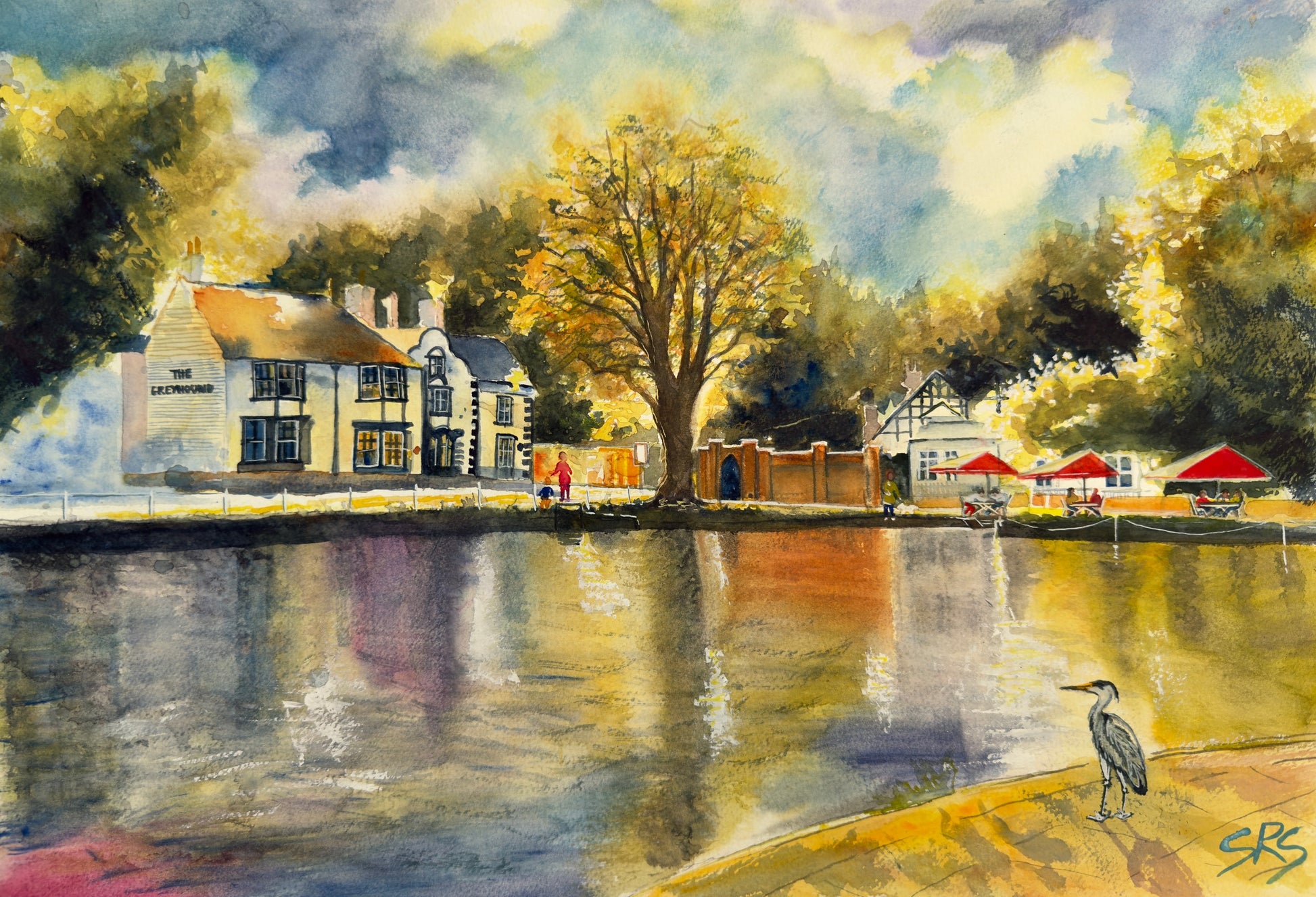 The Heron's View watercolour painting inspired by Carshalton Ponds and Honeywood Museum.