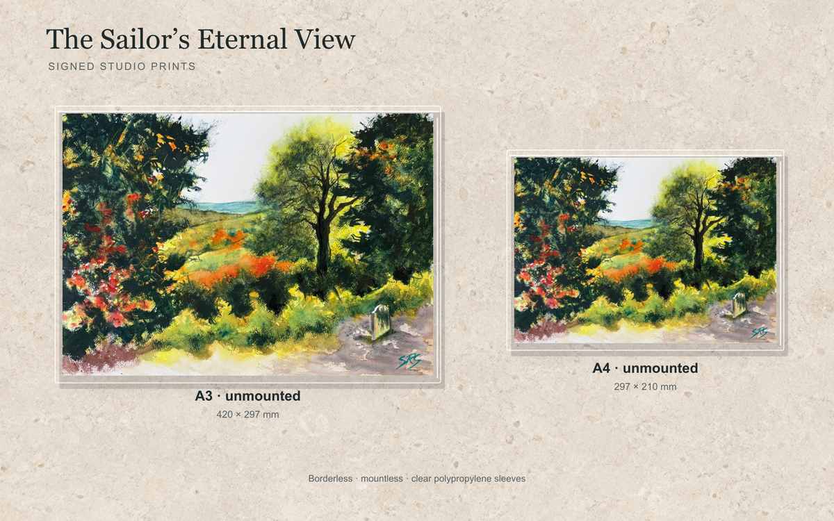 Illustrative mock-up of A4 and A3 borderless signed prints, unmounted in clear polypropylene bags, featuring The Sailor’s Eternal View.