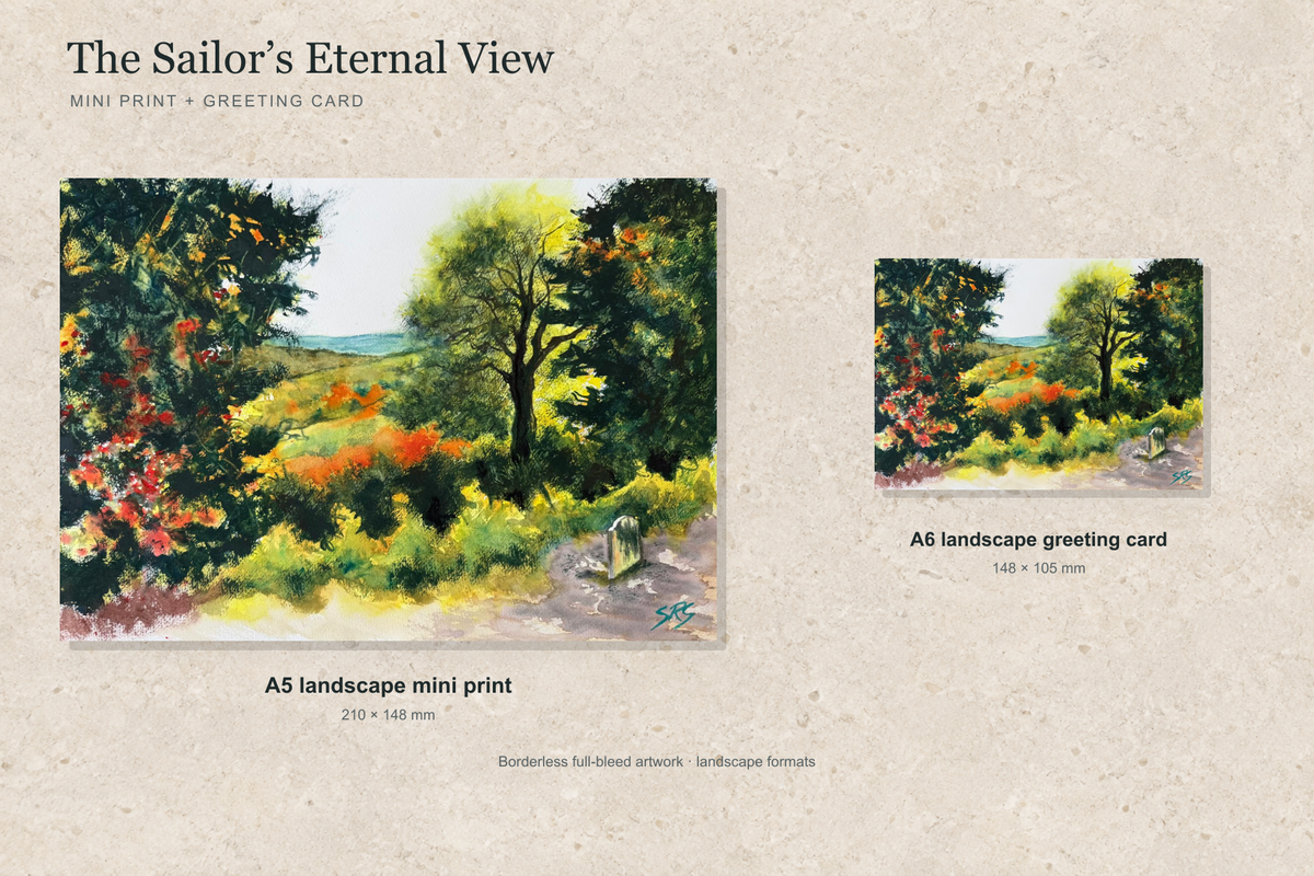 Illustrative landscape mock-up of the A5 mini print and A6 greeting card featuring The Sailor’s Eternal View; both are borderless.