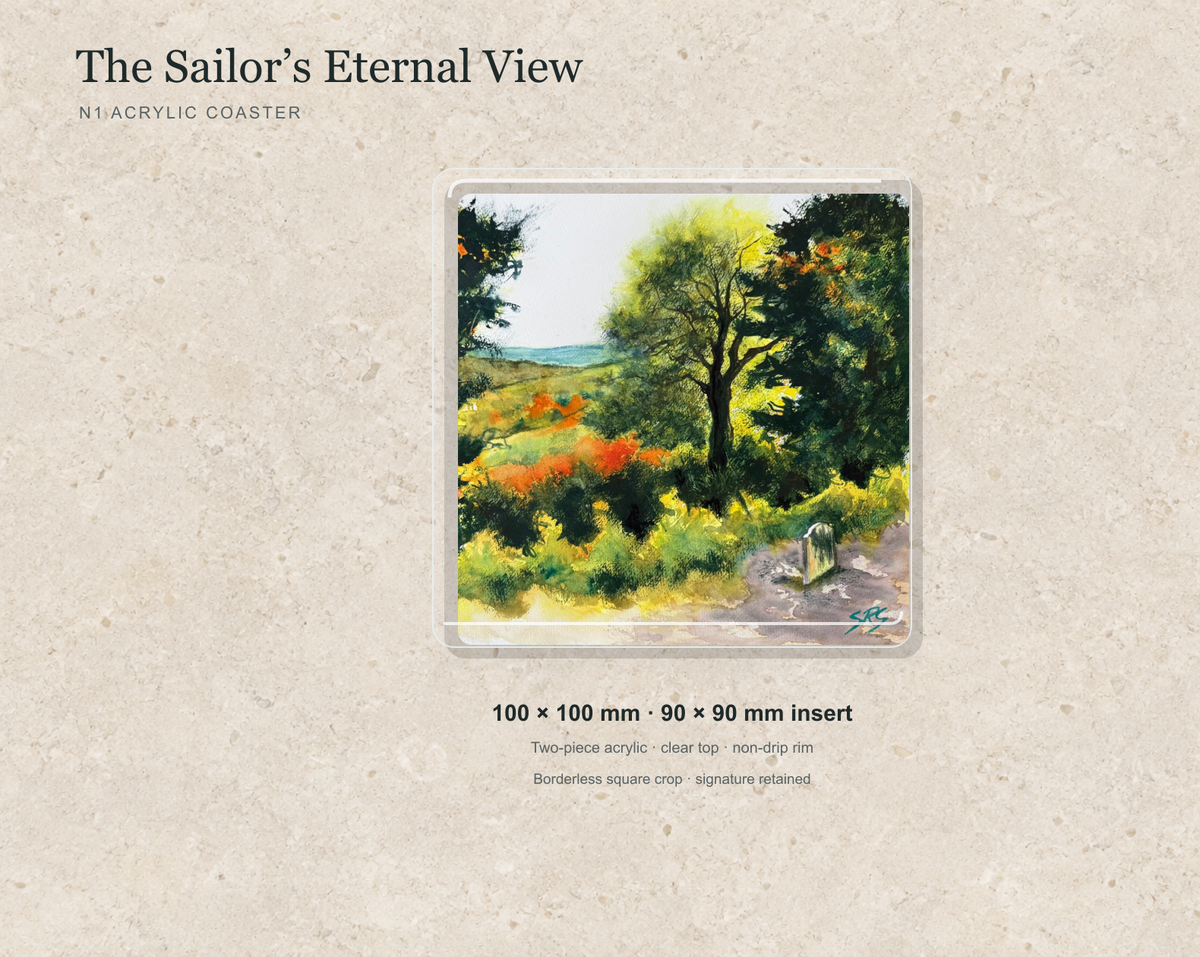 Illustrative mock-up of the N1 acrylic coaster featuring The Sailor’s Eternal View.