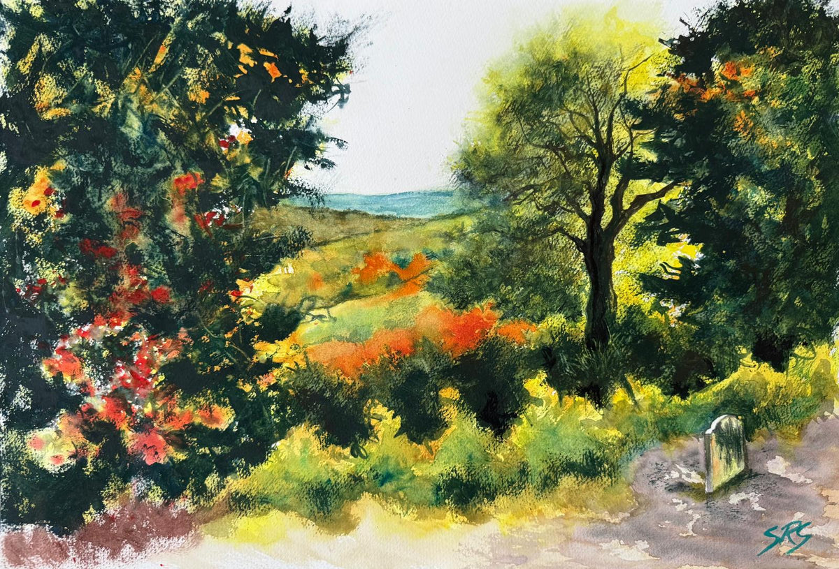 The Sailor’s Eternal View by Simon Robin Stephens, showing trees framing the Devil’s Punch Bowl and the Sailor’s Stone beside the path.