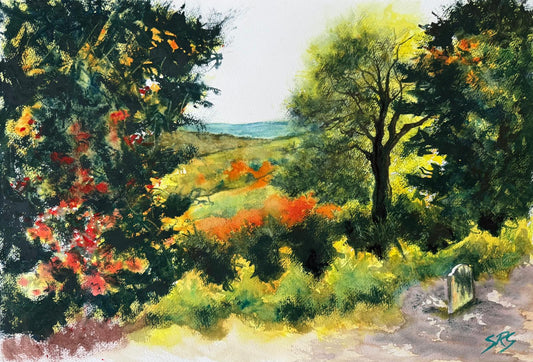 The Sailor’s Eternal View by Simon Robin Stephens, showing trees framing the Devil’s Punch Bowl and the Sailor’s Stone beside the path.