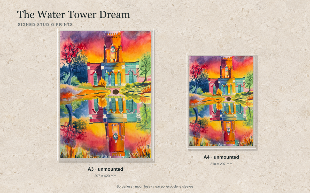 Illustrative mock-up of A4 and A3 borderless signed prints, unmounted in clear polypropylene bags, featuring The Water Tower Dream.