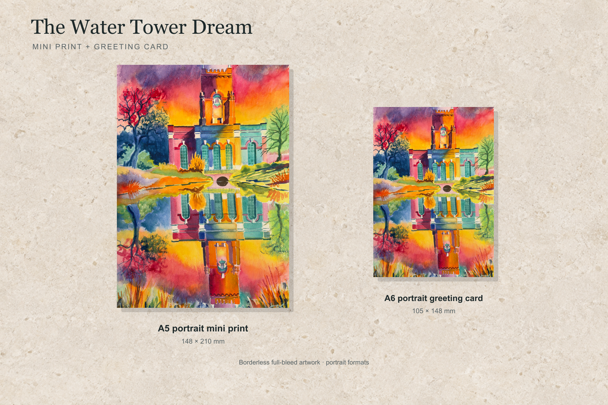 Illustrative portrait mock-up of the A5 mini print and A6 greeting card featuring The Water Tower Dream; both are borderless.