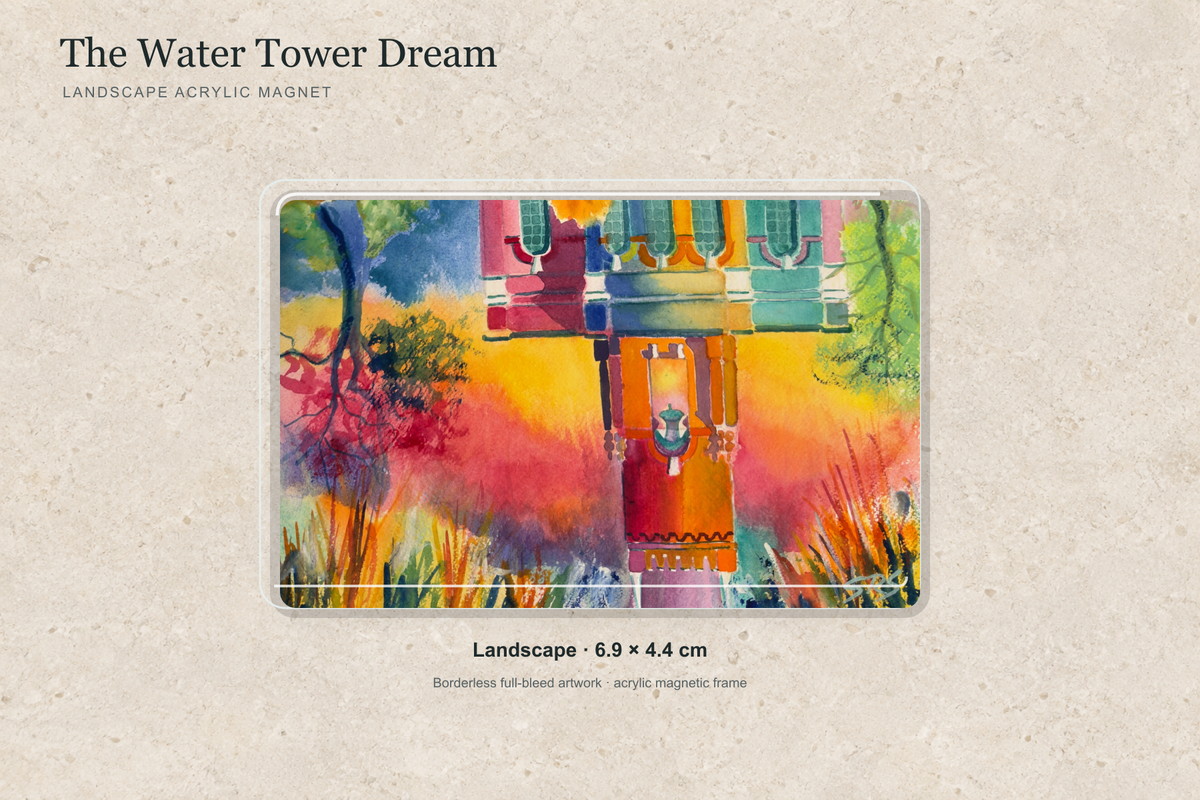 Illustrative mock-up of the landscape acrylic magnet, 6.9 × 4.4 cm, featuring The Water Tower Dream.