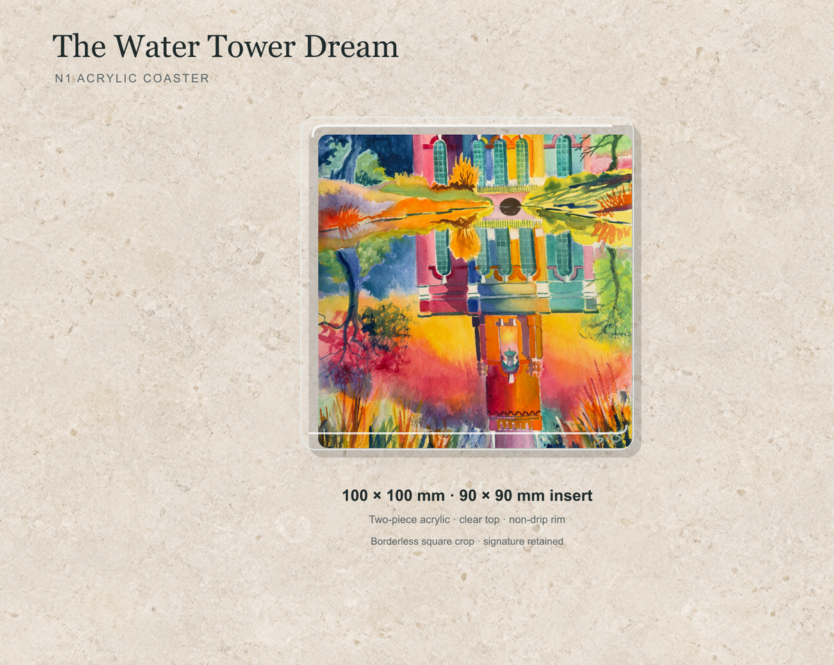 Illustrative mock-up of the N1 acrylic coaster featuring The Water Tower Dream.