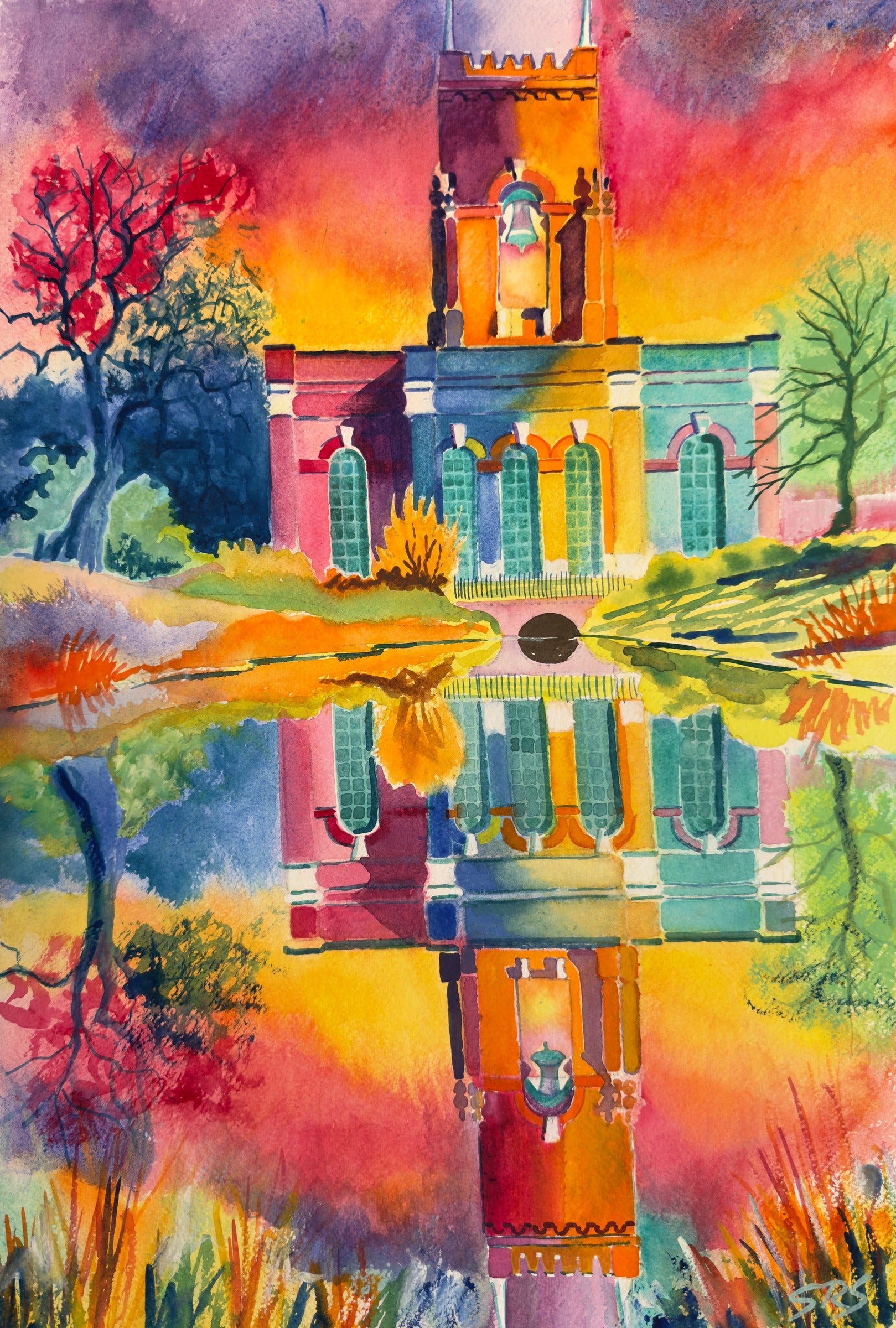 The Water Tower Dream watercolour painting inspired by Carshalton Water Tower and its reflection.