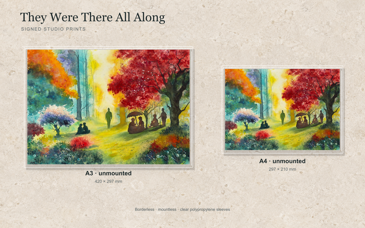 Illustrative mock-up of A4 and A3 borderless signed prints, unmounted in clear polypropylene bags, featuring They Were There All Along.